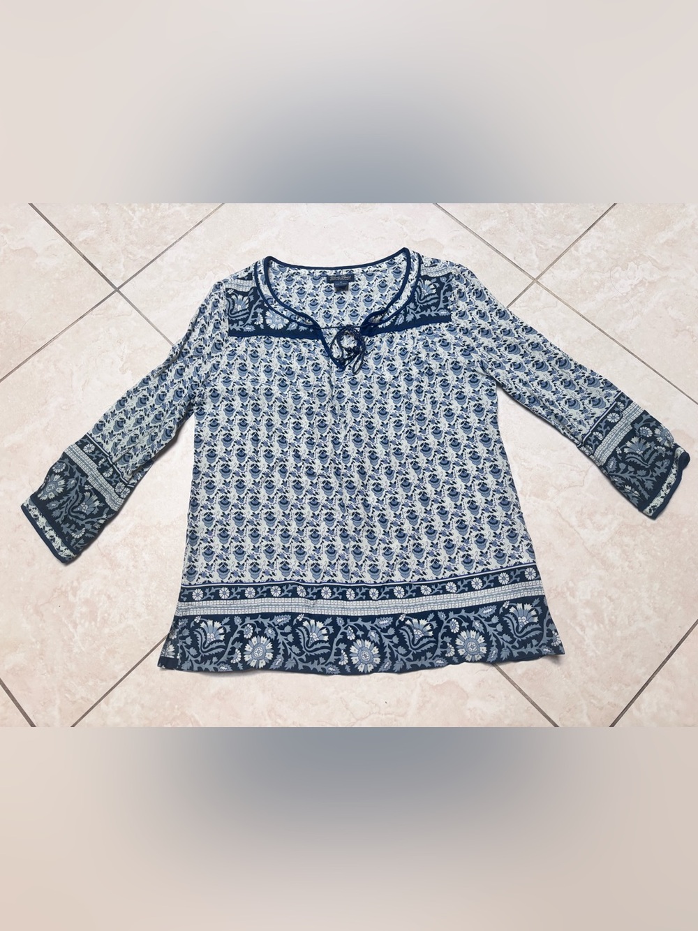 Lucky Brand Blue and White Floral Border Tunic